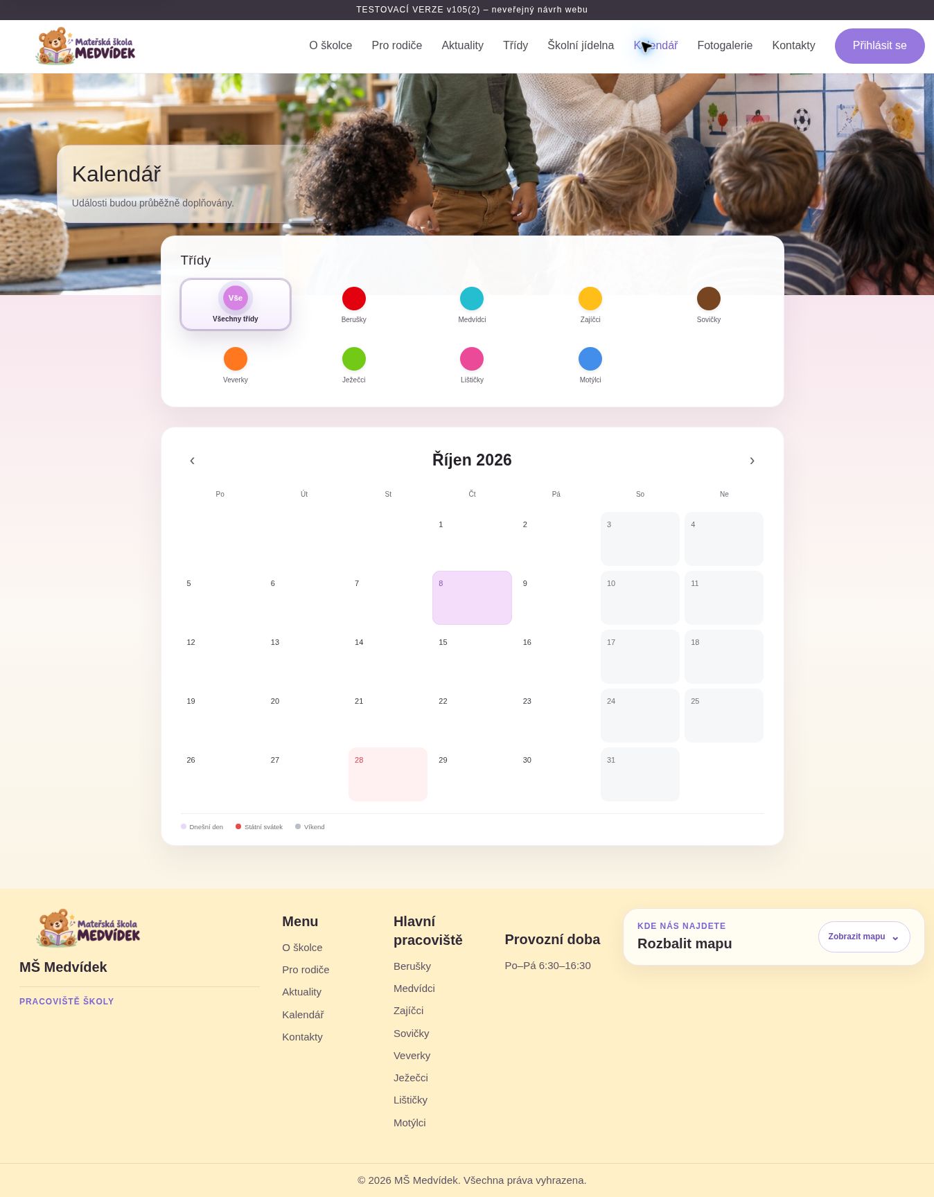 MŠ Medvídek class filters and monthly calendar